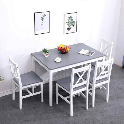 Soges 5 Pieces Dining Table Set, Pine Wood Kitchen Dining Table with 4 Chairs, Wood Rectangular kitchen table and chairs for 4, Small Dining Set for Bar Dining Room Breakfast Nook, White and Gray