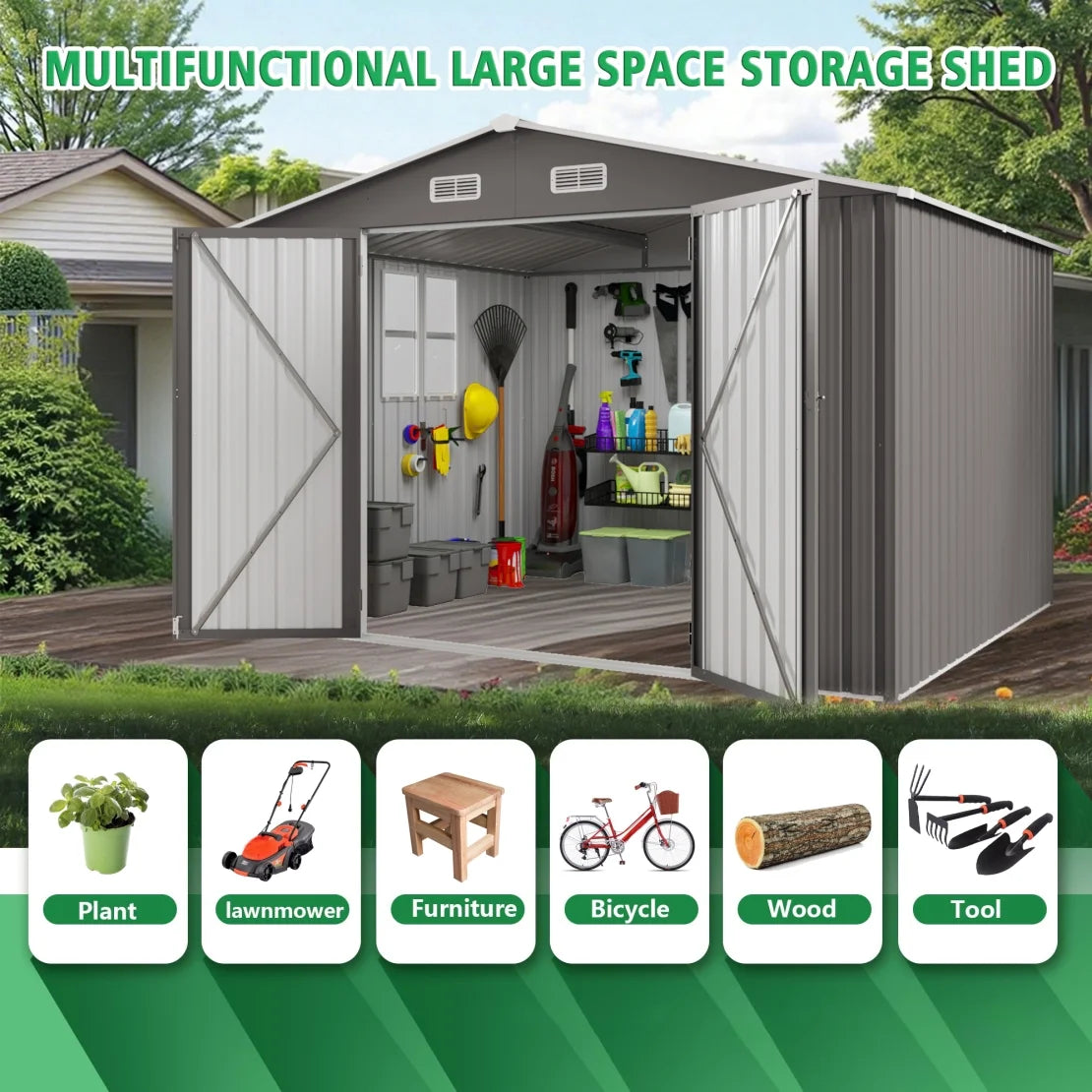 10 x 8 FT Outdoor Storage Shed, Large Metal Storage Shed, Lockable Door and Air Vent, Clear Window Garden Tool Shed for Bicycles, Tools, Lawnmowers, Backyards, Patios, Lawns - Gray