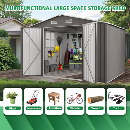 10 x 8 FT Outdoor Storage Shed, Large Metal Storage Shed, Lockable Door and Air Vent, Clear Window Garden Tool Shed for Bicycles, Tools, Lawnmowers, Backyards, Patios, Lawns - Gray
