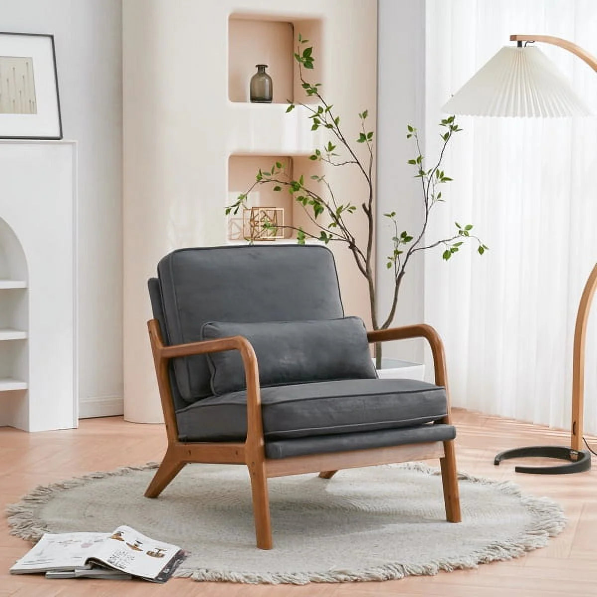 Accent Chairs, Single Linen Lounge Reading Armchair with Solid Wood Frame, Mid Century Modern Easy Assembly Arm Chairs for Living Room-Beige