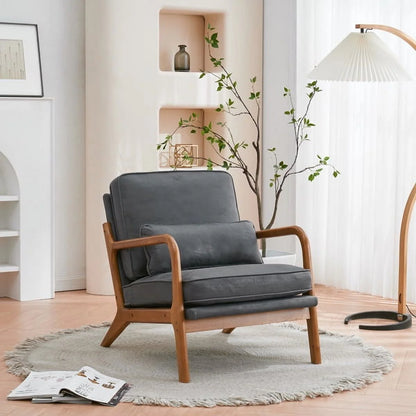 Accent Chairs, Single Linen Lounge Reading Armchair with Solid Wood Frame, Mid Century Modern Easy Assembly Arm Chairs for Living Room-Beige
