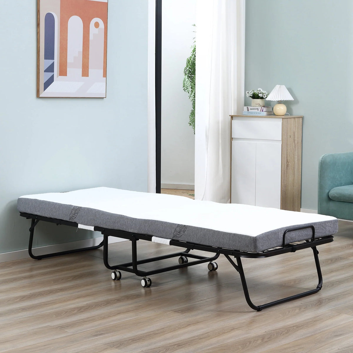 HOMCOM Folding Bed with 4" Mattress, Portable Foldable Guest Bed with Wheels