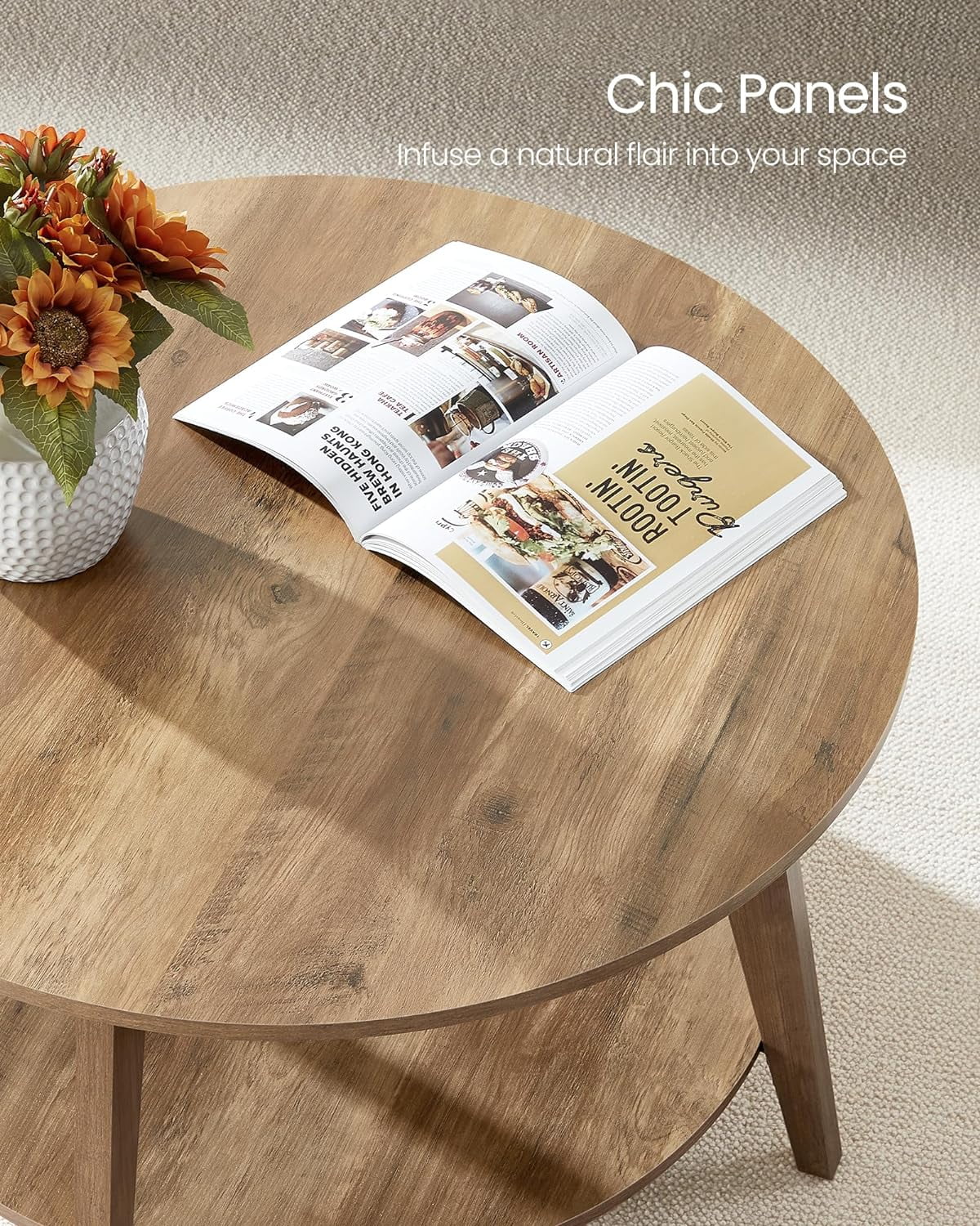 VASAGLE Round Coffee Table, 2 Tier Coffee Table with Storage, for Living Room, 31.5 x 17.7 Inches, Easy to Assemble, Honey Brown