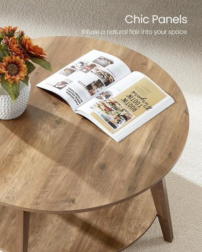 VASAGLE Round Coffee Table, 2 Tier Coffee Table with Storage, for Living Room, 31.5 x 17.7 Inches, Easy to Assemble, Honey Brown
