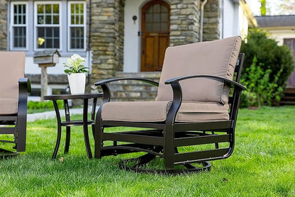 ALAULM 3 Piece Patio Outdoor Aluminum Metal Swivel Rocking Chair with 1 Coffee Table and 2 Khaki Padded Cushions Outdoor Metal Swivel Rocking Chair Furniture Conversation Set for Porch Garden