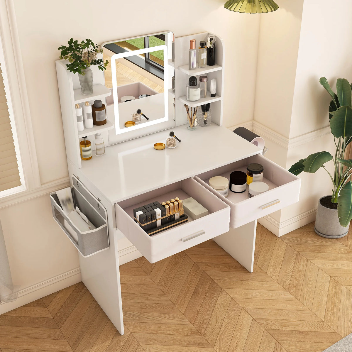 Montary Modern Mini Vanity w/Adjustable LED Mirror + Hidden Storage, Padded Stool & Dustproof Shelves (White)