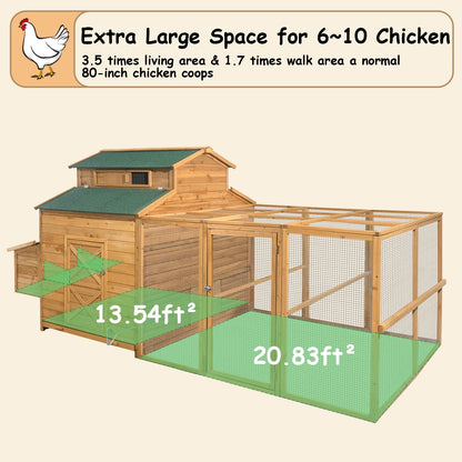Chicken Coop for 6-10 Chickens, 112" Extal Large Chicken Coops, with Chicken Run & Nesting Box & Secure Enclosure, Outdoor Wooden Hen House Hutch for Rabbit, Poultry Pet, Duck