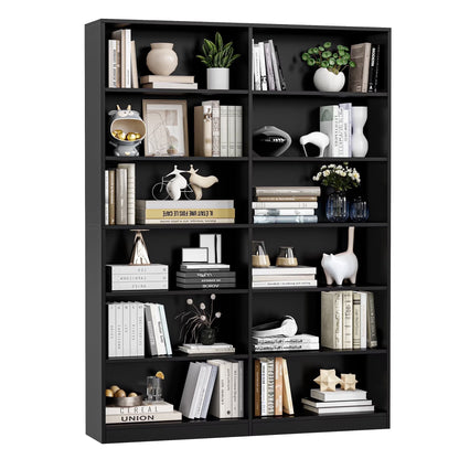 Homfa 74.3�� Double Wide 6-Tier Bookcase, Extra Large Wooden Freestanding Display Bookshelf for Home Office Living Room, White
