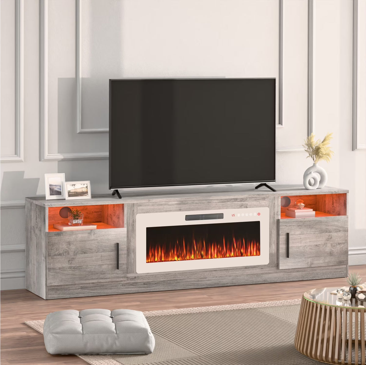 Waleaf Fireplace TV Stand with 36" Electric Fireplace Up to 80" TVs, Modern Wood Media TV Console with Highlight Cabinet, White