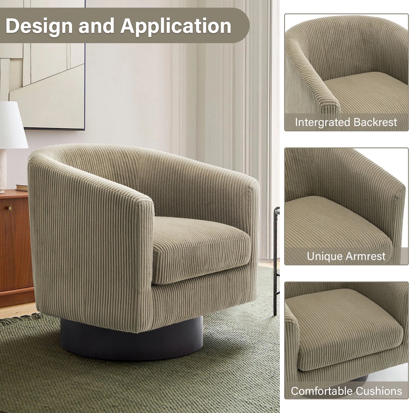 UIXE Swivel Accent Chair, Upholstered Fabric Barrel Chair for Living Room, Small Single Sofa Bedroom Reading Seat, Light Gray