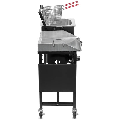58,000 BTU Outdoor Gas Propane Double Burner Stove Cook Station Flat Top Griddle & Deep Fryer BBQ Grill Camp Side Table