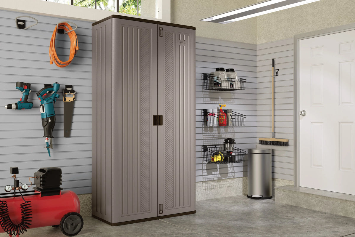 Suncast Mega Tall Resin Outdoor Storage Cabinet with 3 Shelves, Platinum Metallic