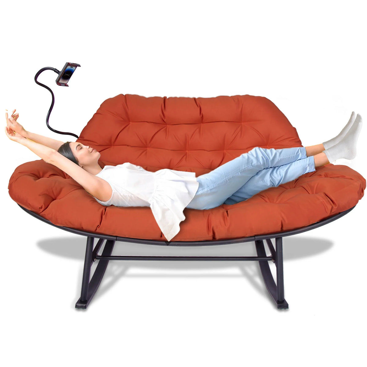 Outdoor Loveseat Rocking Chair with Thicken Cushion and Phone Holder for 2 Person for Garden Patio Yard (Beige)