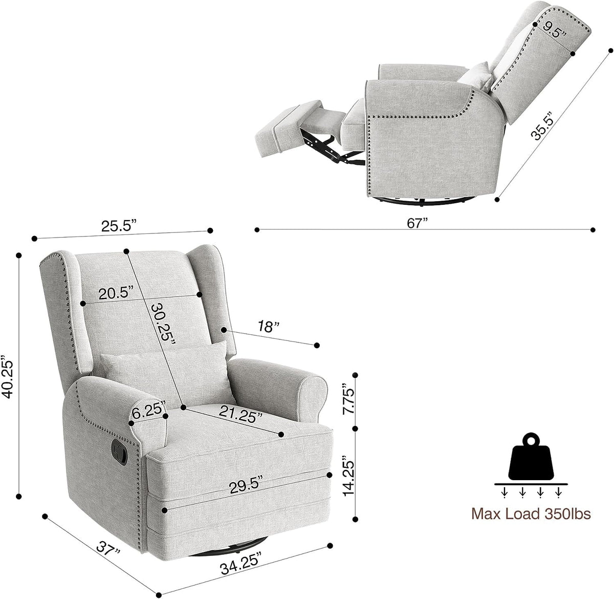 Royalcraft Swivel Nursery Glider Recliner, Comfy Upholstered Glider Chair with Lumbar Pillow and Footrest, Beige