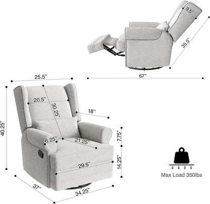 Royalcraft Swivel Nursery Glider Recliner, Comfy Upholstered Glider Chair with Lumbar Pillow and Footrest, Beige