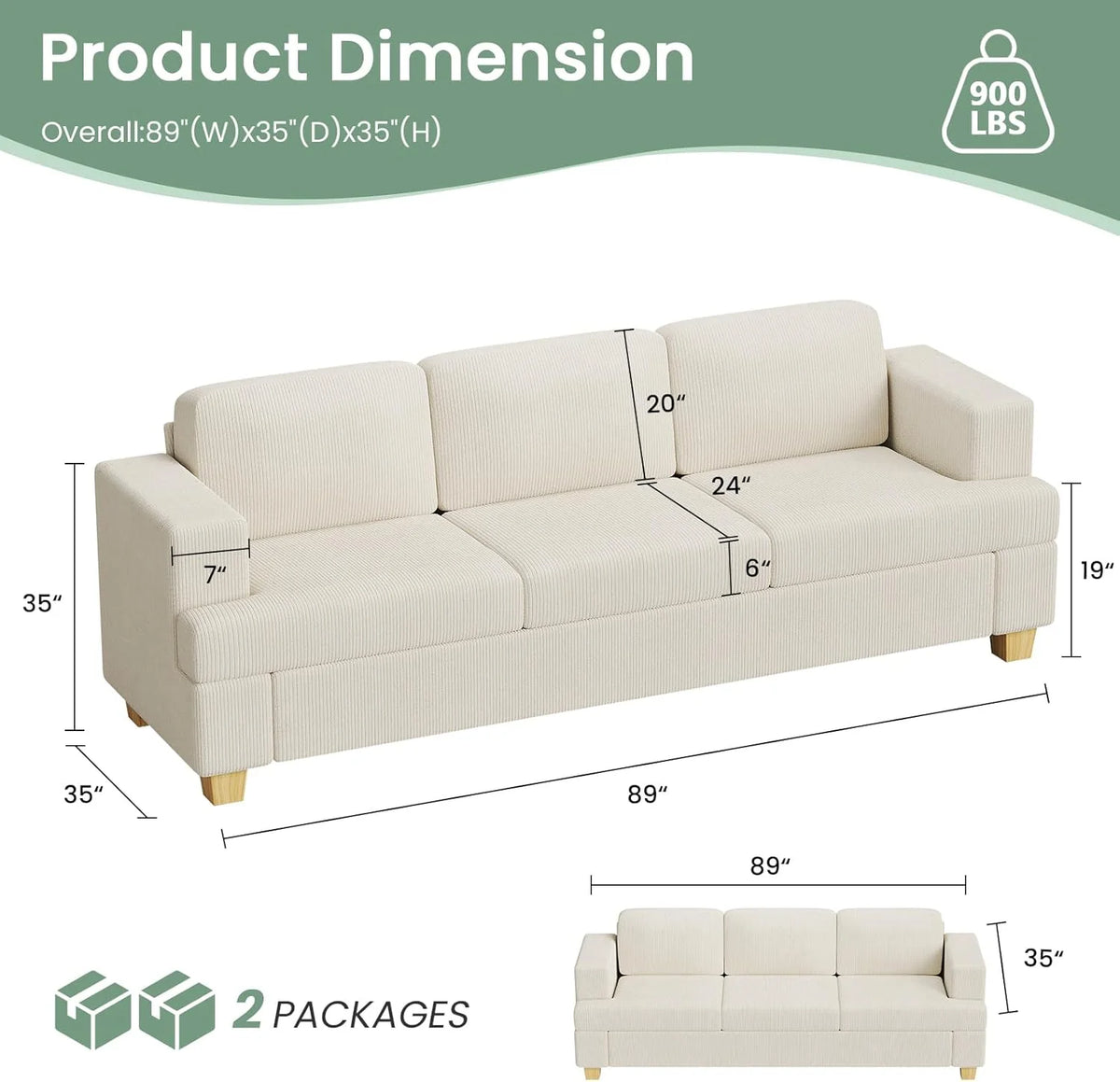 Techmilly Sofa,Comfort Modern Sofa,Extra Deep Seat,3 Seater,Living Room Apartment Lounge Sofa, Corduroy