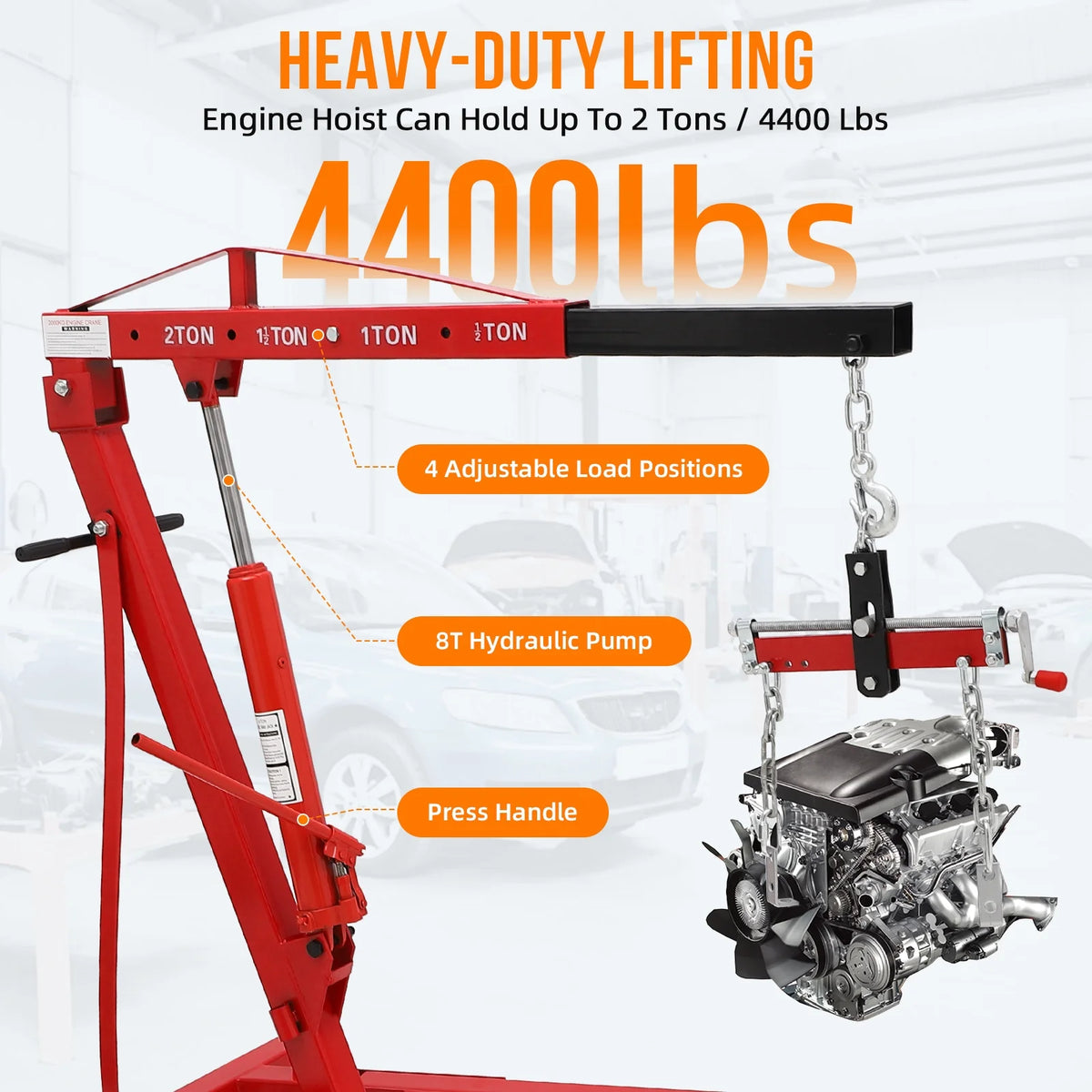GARVEE 2 Ton Folding Hydraulic Engine Hoist with Lever,Folding Engine Shop Crane Hoist Lift,Heavy Cherry Picker with 6 Wheels for Garage,Workshop,Yellow