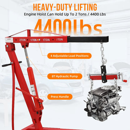 GARVEE 2 Ton Folding Hydraulic Engine Hoist with Lever,Folding Engine Shop Crane Hoist Lift,Heavy Cherry Picker with 6 Wheels for Garage,Workshop,Yellow