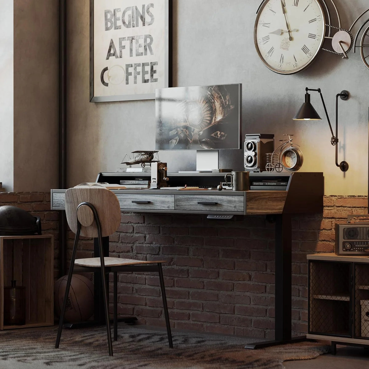 FEZIBO Electric Standing Desk with 3 Drawers & Monitor Shelves, 48 x 26 inches Sit Stand Home Office Desk, Rustic Brown