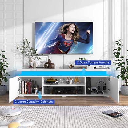 LED TV Stand for up to 85" TVs with Power Outlet, 75" Large Entertainment Center Console Table Gaming Soundbar Shelf with 2 Storage Cabinets