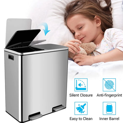 Arlopu 60 L/16 gal Dual Trash Can, Stainless Steel Garbage Can for Kitchen, Recycle Bin with Lid