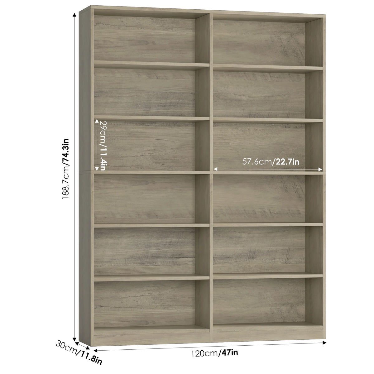 Homfa 74.3�� Double Wide 6-Tier Bookcase, Extra Large Wooden Freestanding Display Bookshelf for Home Office Living Room, White