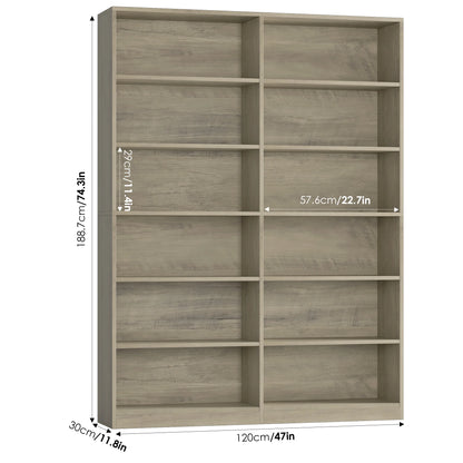 Homfa 74.3�� Double Wide 6-Tier Bookcase, Extra Large Wooden Freestanding Display Bookshelf for Home Office Living Room, White