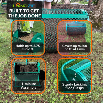 Landzie Compost Spreader 24 Inch Walk-Behind Lawn & Garden Spreader with Metal Mesh Basket