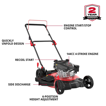 PowerSmart Gas Lawn Mower, 21 inches 144cc 2-in-1 Walk-Behind , Side Discharge Push Lawn Mower