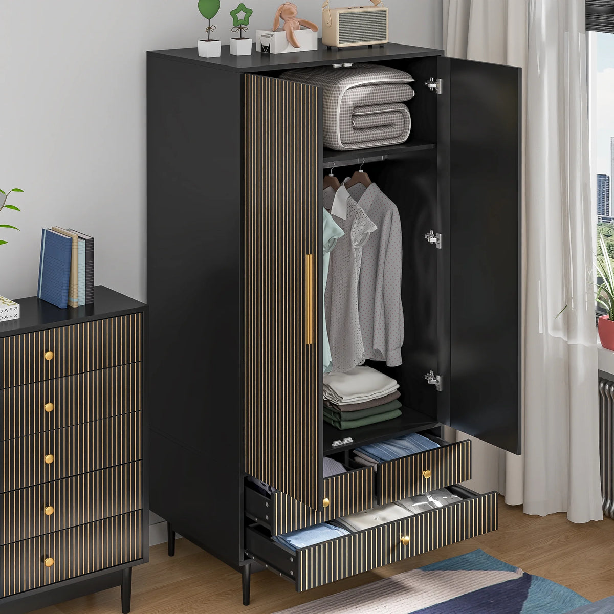 Oubayajia Wardrobe Armoire Closet, 2 Fluted Doors Wardrobe Cabinet with 3-Drawer and Hanging Rod, Wood Wardrobe Storage for Bedroom