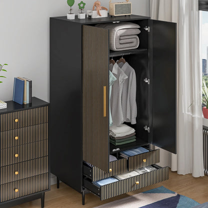 Oubayajia Wardrobe Armoire Closet, 2 Fluted Doors Wardrobe Cabinet with 3-Drawer and Hanging Rod, Wood Wardrobe Storage for Bedroom