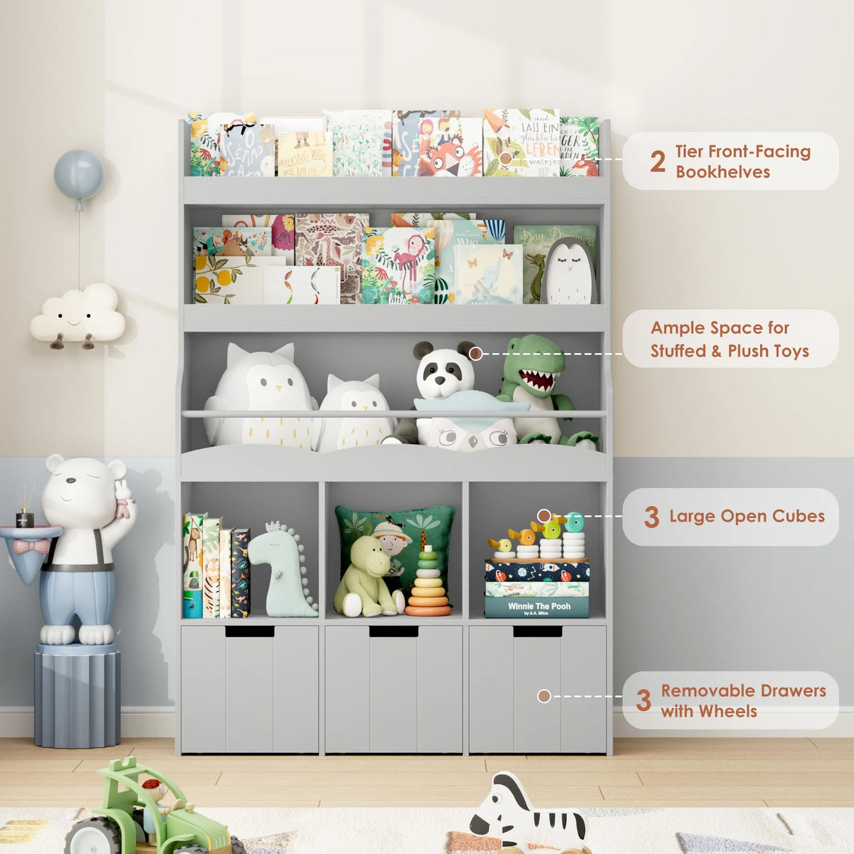 Homfa 55.5�� H Kids Bookshelf with 2-Tier Book Shelves, Children Toy Organizer with 3 Cubes and Removable Drawers, White