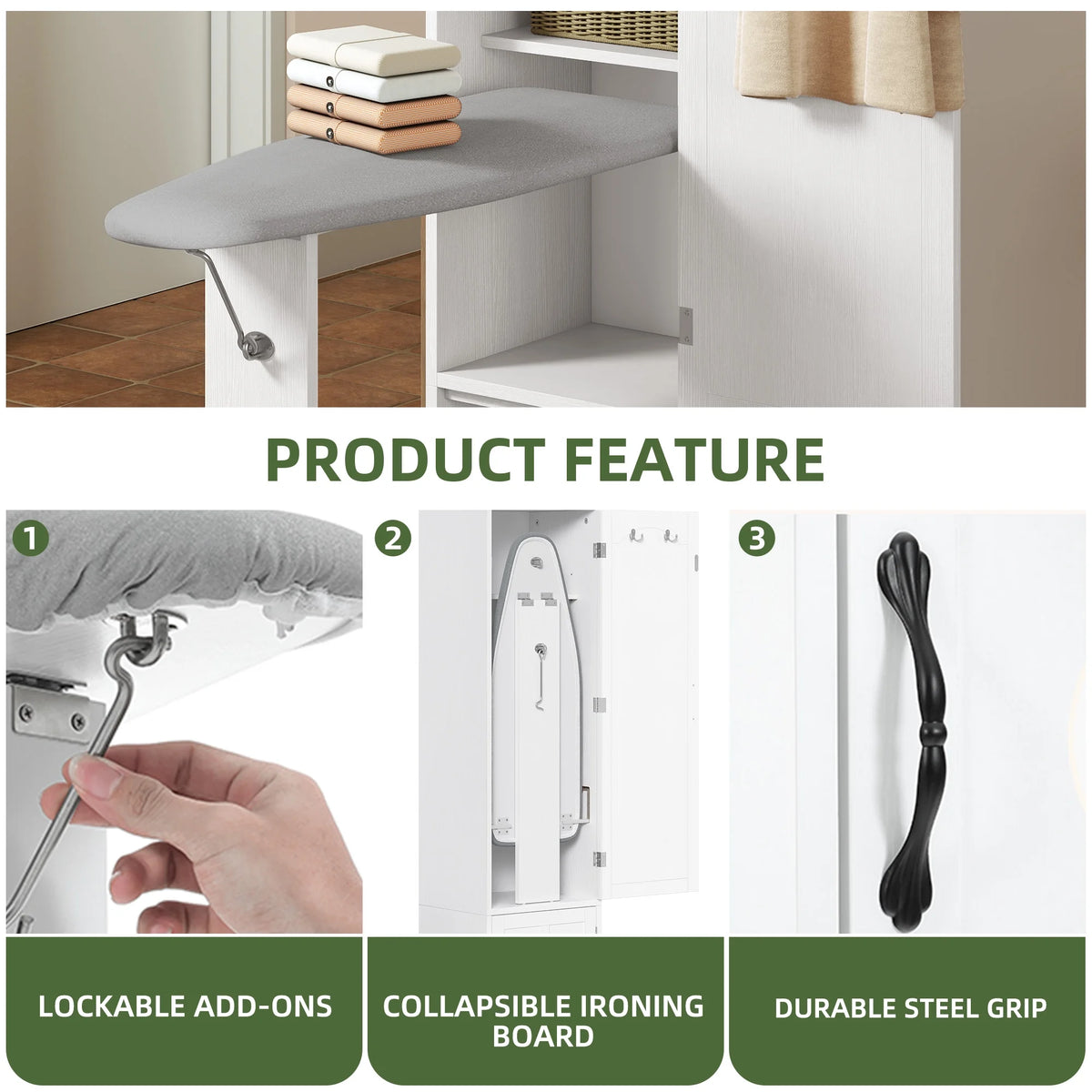 Uforic Ironing Board with Storage Cabinet, Ironing Board Cabinet, Foldable Ironing Board with Support Leg, White