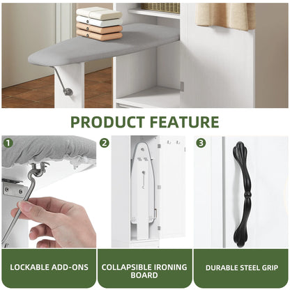 Uforic Ironing Board with Storage Cabinet, Ironing Board Cabinet, Foldable Ironing Board with Support Leg, White