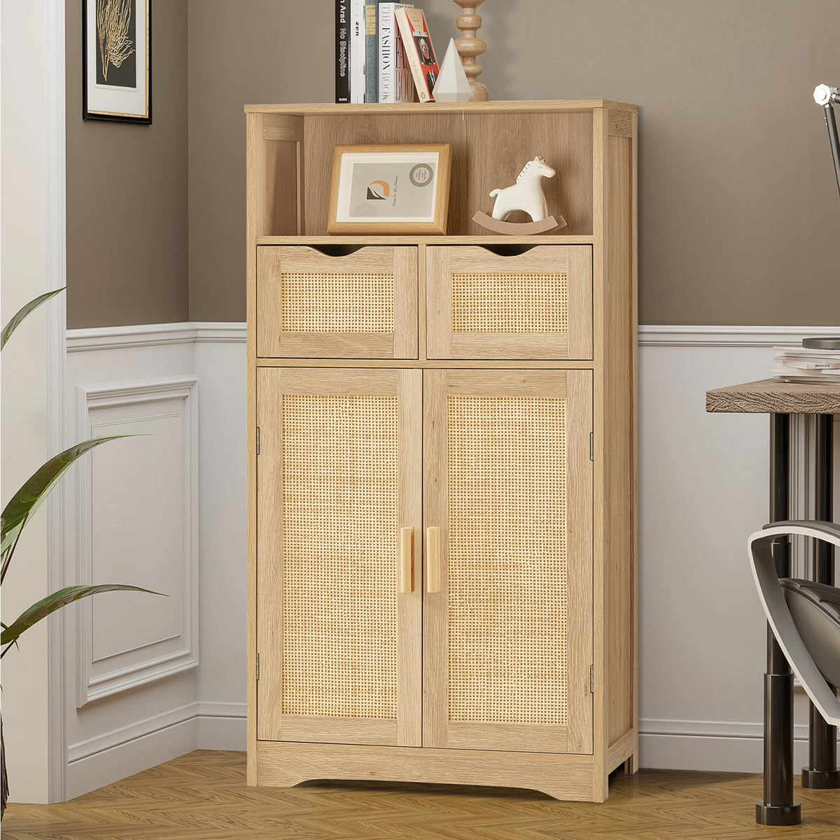 FANGSUM Rattan Storage Cabinet with 2 Drawers & 2 Shelves, Floor Cabinet for Living Room