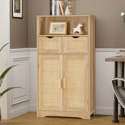 FANGSUM Rattan Storage Cabinet with 2 Drawers & 2 Shelves, Floor Cabinet for Living Room