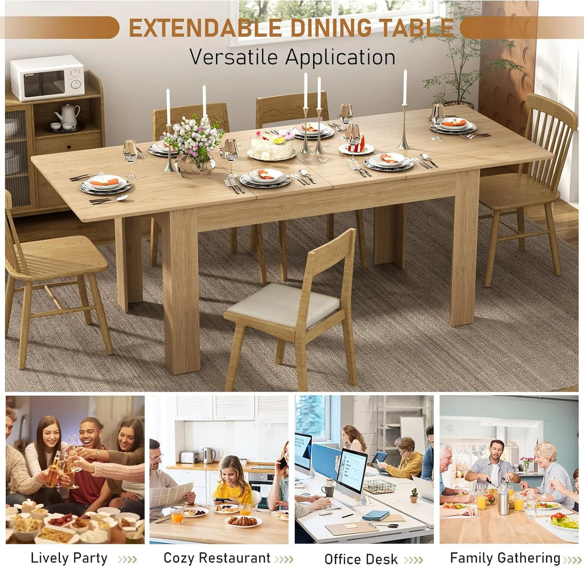 ChVans Large Mobile Extendable Dining Table for 6-8, Modern Wood Kitchen Table Rectangular Table for Dining Room, Living Room