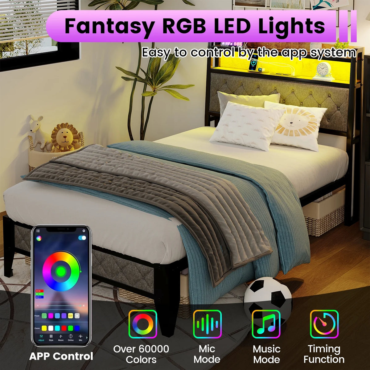 Meteorleg Twin Size Bed Frame with Storage Headboard & Charging Station,Platform Metal Bed Frame with RGB Lights,Grey
