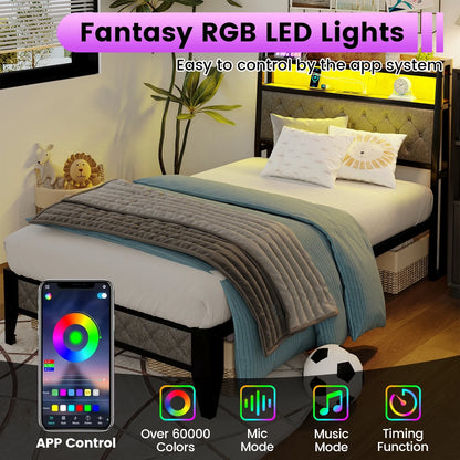 Meteorleg Twin Size Bed Frame with Storage Headboard & Charging Station,Platform Metal Bed Frame with RGB Lights,Grey