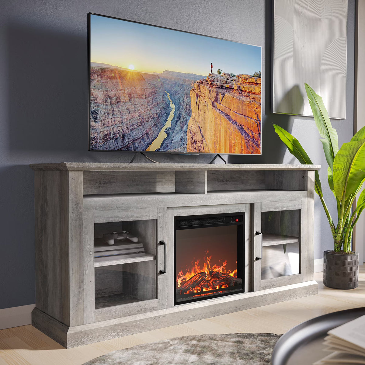 BELLEZE 60" TV Stand with 18" Electric Fireplace, Traditional TV Stand for TVs up to 65", Modern Media Entertainment Center Console Table with Open Storage Shelves & Cabinets - Cayman (Rustic Grey)