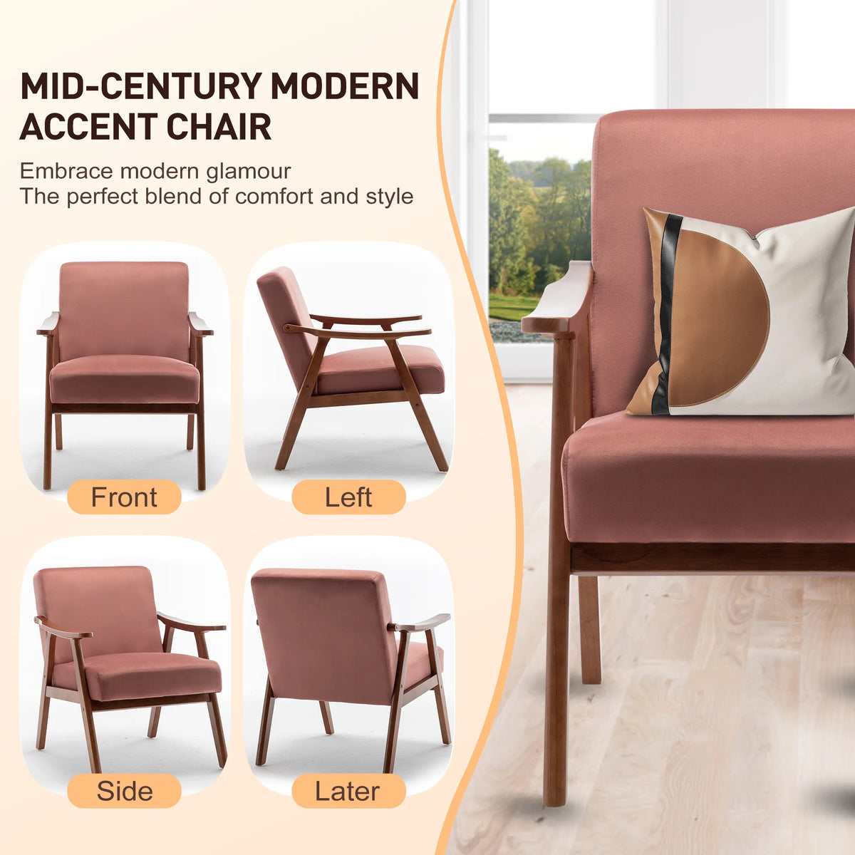 JONPONY Mid-Century Accent Chair,Living Room Chair with Solid Wood Frame,Accent Chair Extra-Thick Backrest,Wingback Chair for Bedroom,Reading Room,Living Room,Small Space,Black