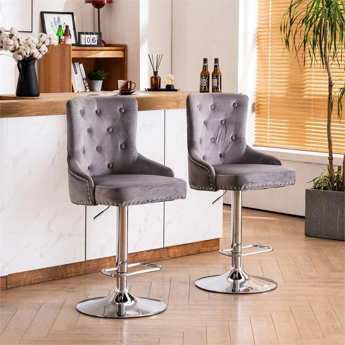 Alexent  2PCS Swivel Bar Stools, High Back, Button Tufted, Silver Footrest and Nailhead Trim Swivel Bar Chairs for Kitchen, Bar Velvet Upholstered Bar Stools, Dark Blue
