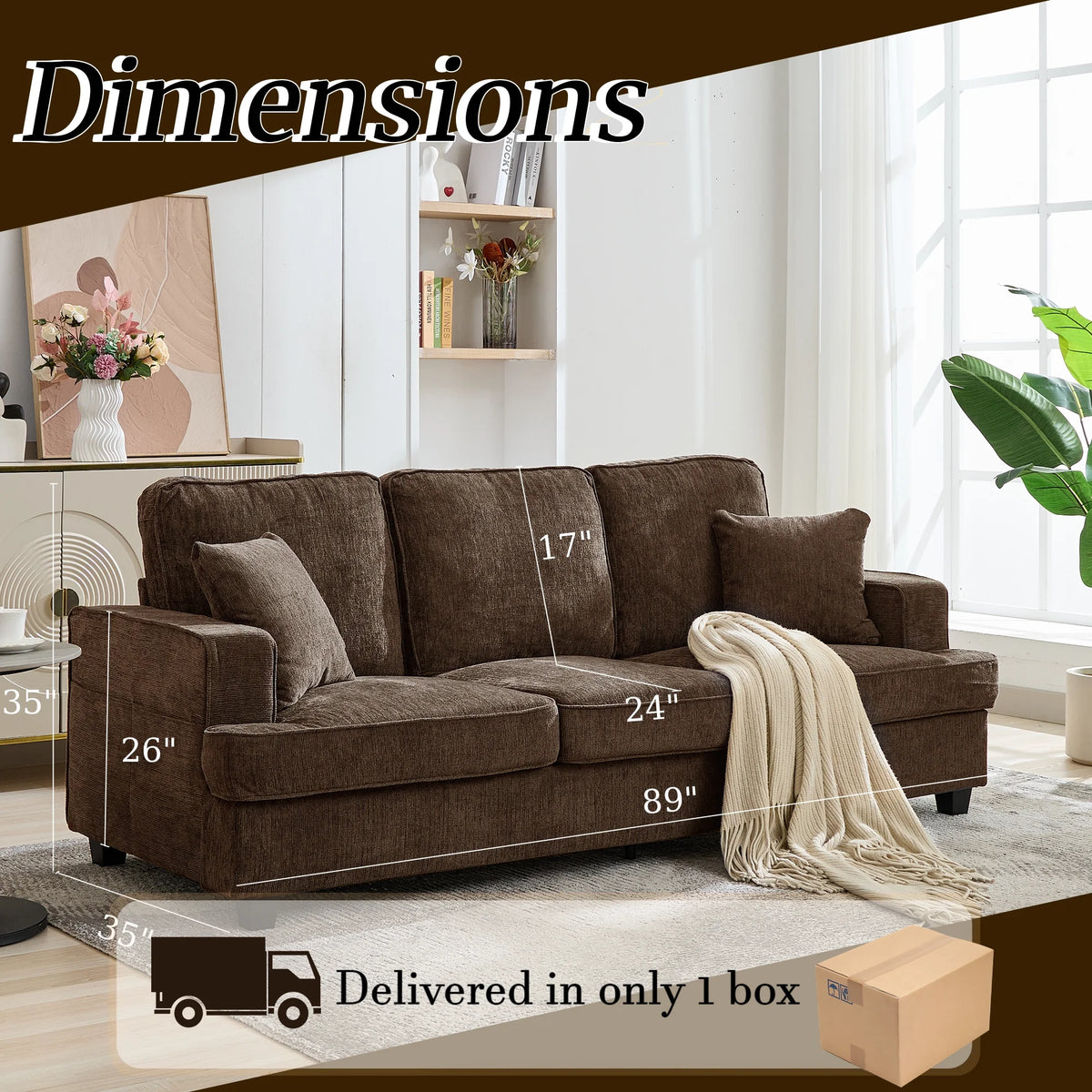 Korser 89" Chenille Sofa 3 Seater Couch with Extra Upholstered Deep Seats for Living Room,Removable Cover,Beige
