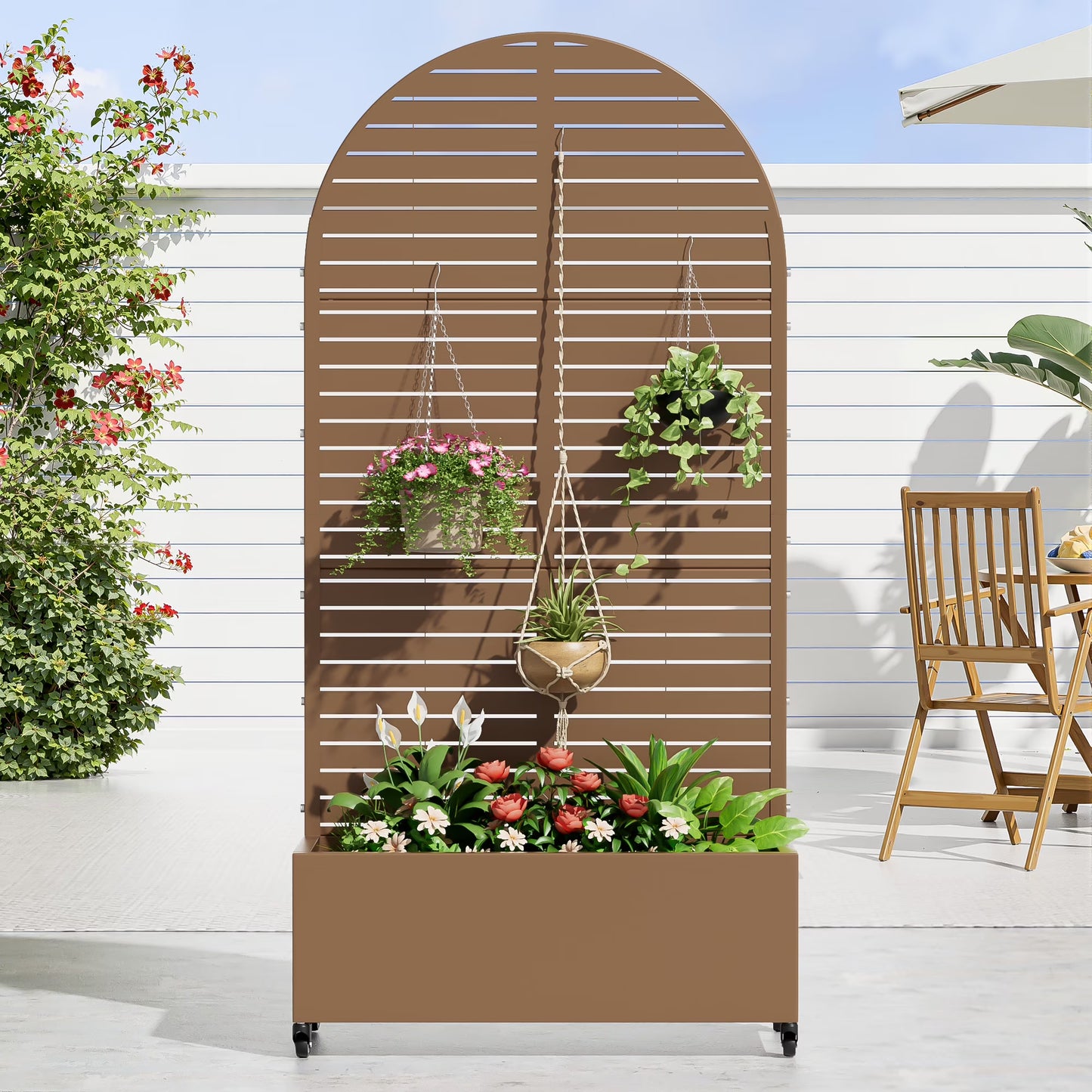 MAYEERTY 47*16*47"Outdoor White Metal Planter with Rect Louvered Climbing Trellis, Drainage hole & Wheels