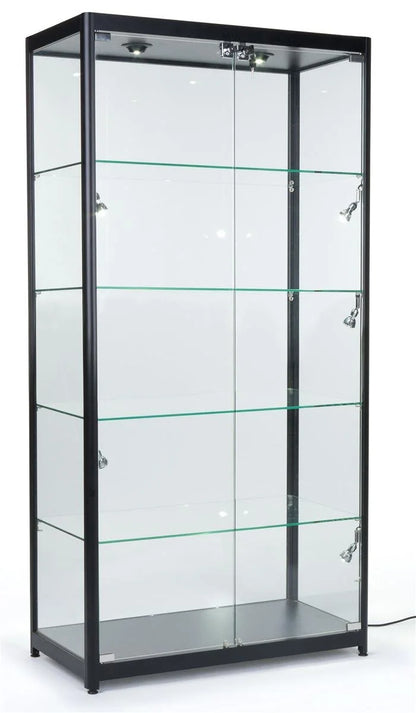 Displays2go Black LED Trophy Showcase, Locking, LED Lighting, Tempered Glass, Laminated MDF & Aluminum �C Black (LESC10478B)