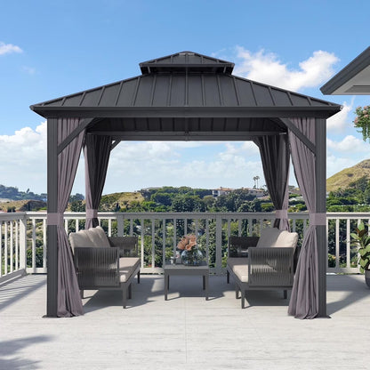 PURPLE LEAF 8' X 8' Gazebo Outdoor Gazebo Permanent Hardtop Gazebo with Galvanized Steel Double Roof for Patio Backyard Deck Aluminum Gazebo with Netting and Curtains Grey