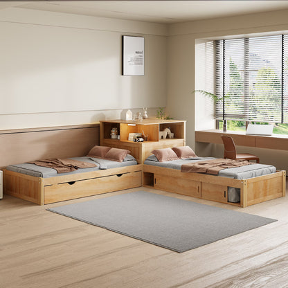 Euroco Pine Wood L-Shaped Twin Platform Bed with Storage Desk, Cabinets, Trundle and LED Light for Kids Teens, Gray