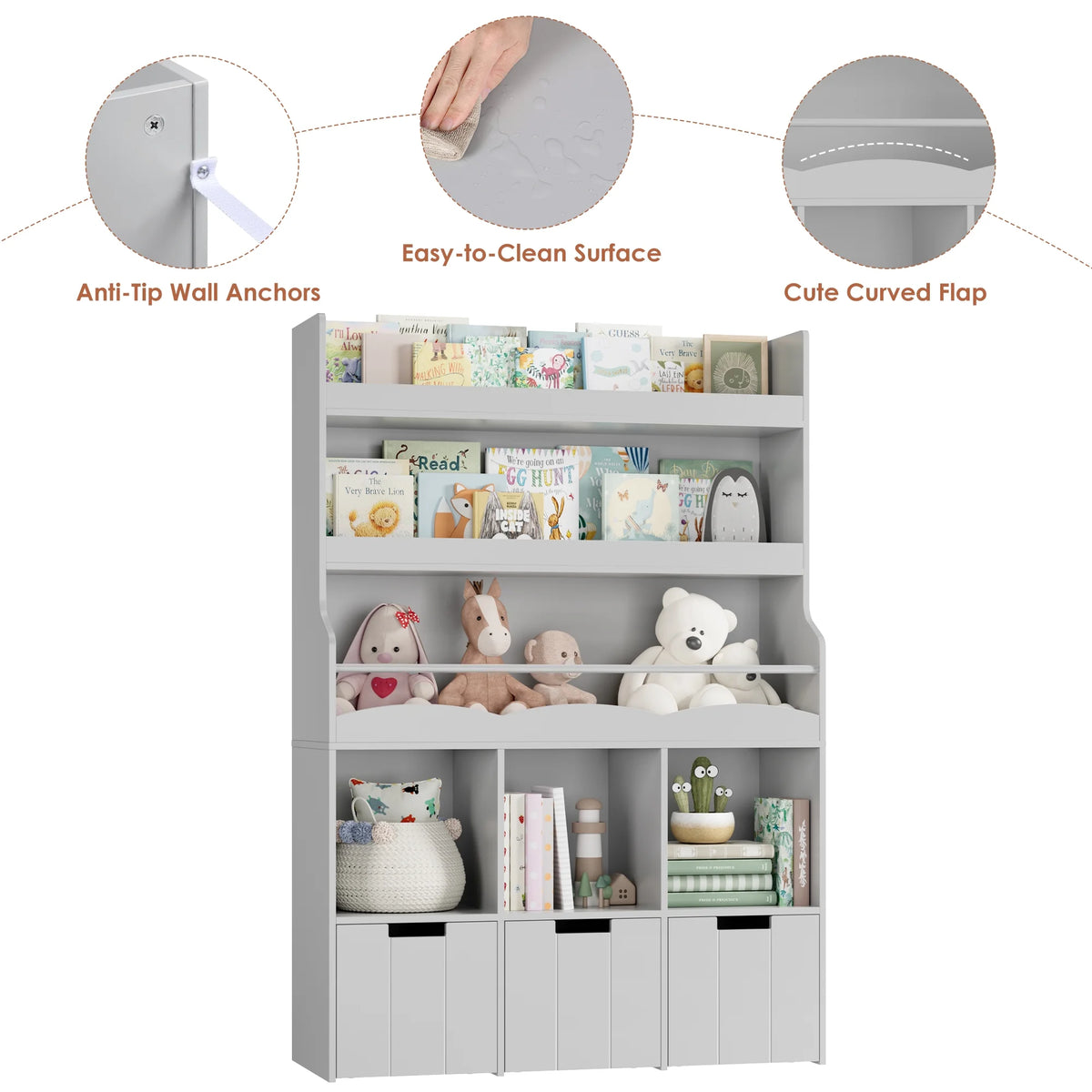 Homfa 55.5�� H Kids Bookshelf with 2-Tier Book Shelves, Children Toy Organizer with 3 Cubes and Removable Drawers, White