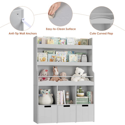 Homfa 55.5�� H Kids Bookshelf with 2-Tier Book Shelves, Children Toy Organizer with 3 Cubes and Removable Drawers, White