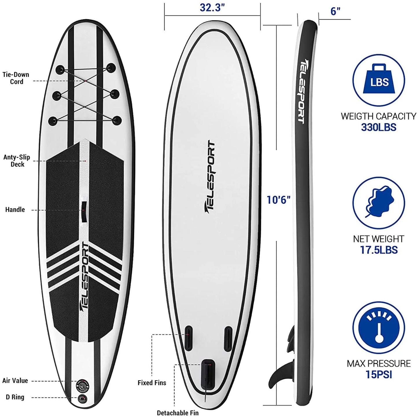 TELESPORT Paddle Boards Inflatable Paddleboard with Accessories, Black